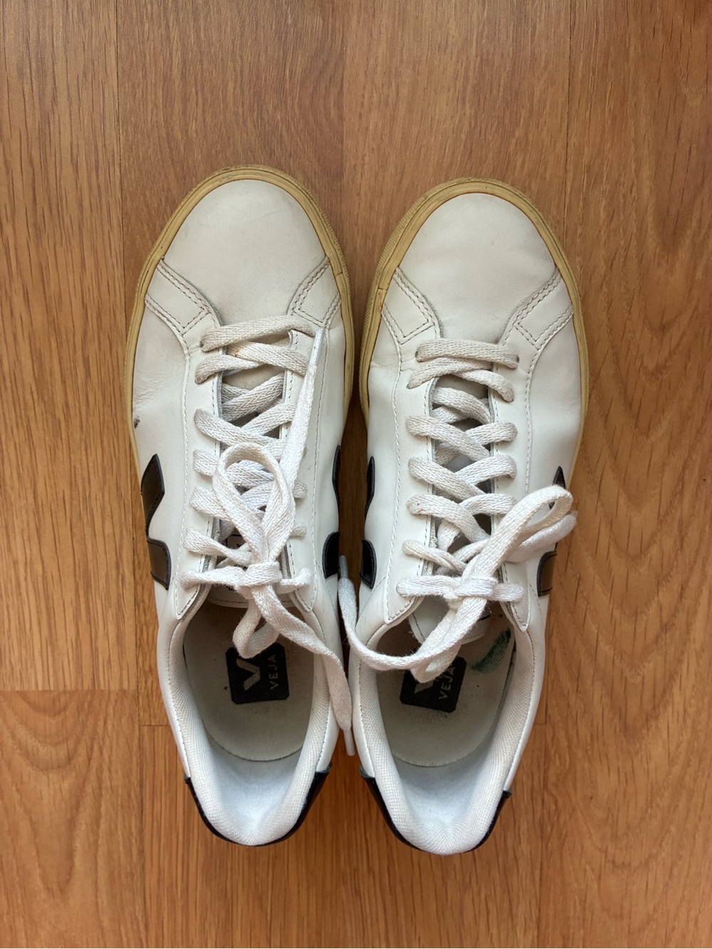 Veja White Leather Sneakers with Black V Logo and Gum Sole